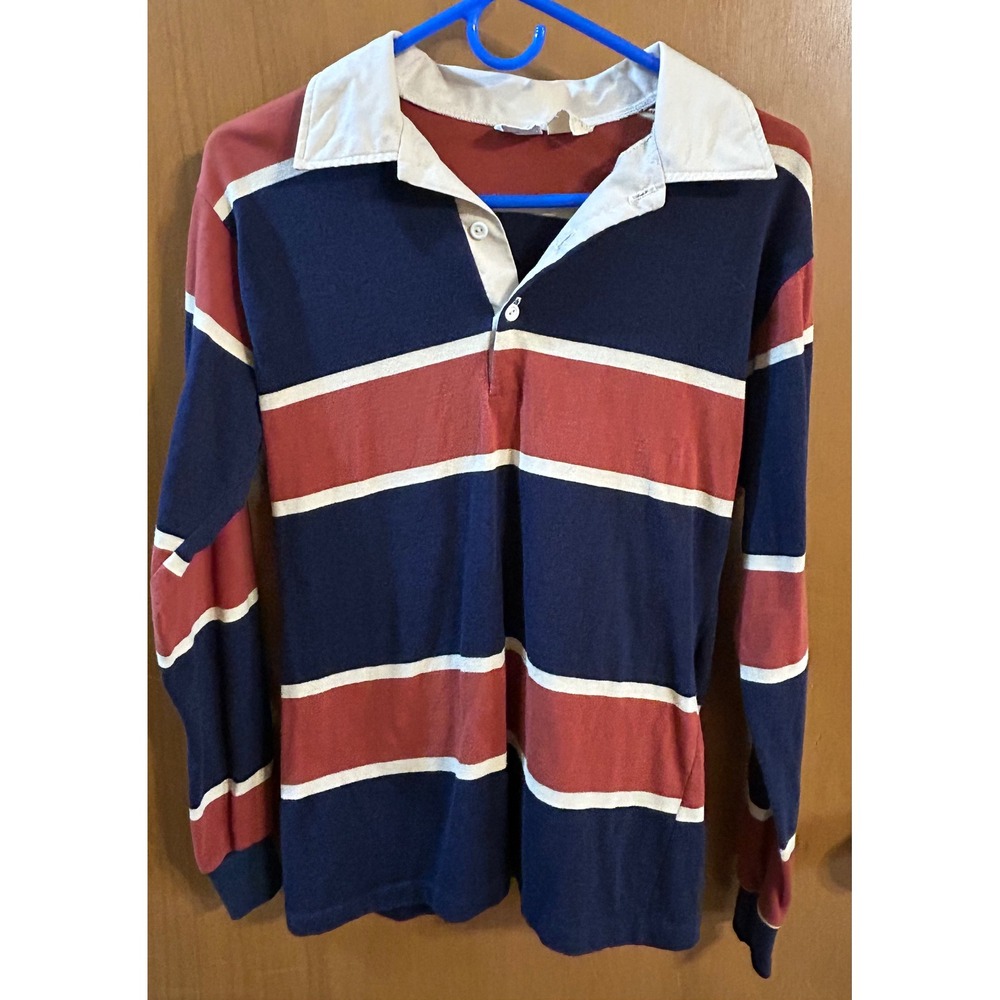 Vintage Pro Action Rugby Polo Shirt Mens Large Red Blue Striped Long Sleeve USA